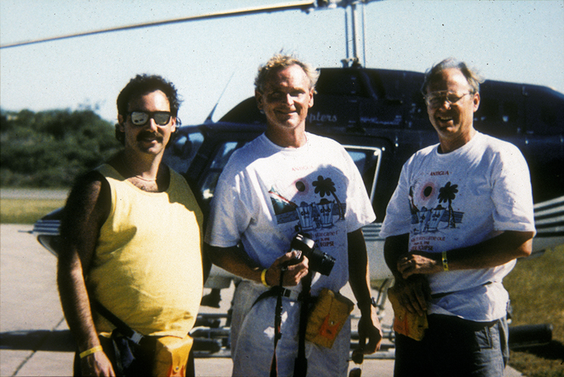 Howie Spero, Rand Schaal, and Rob Zierenberg preparing to board a helicopter to view the erupting Montserrat volcano.