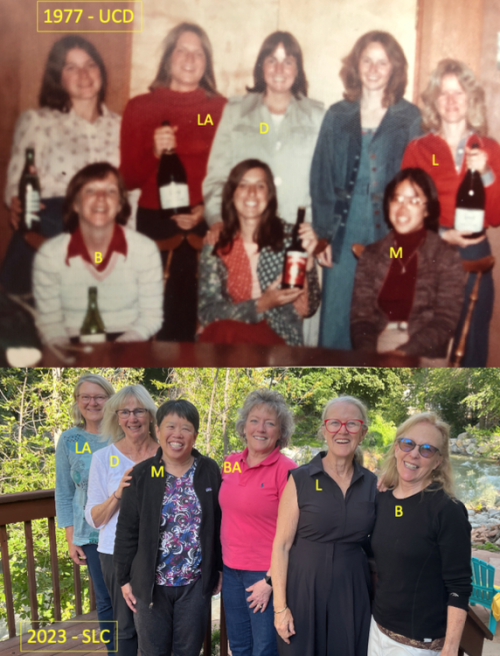 A group of six UC Davis alumnae smiling in 1977 and 2023